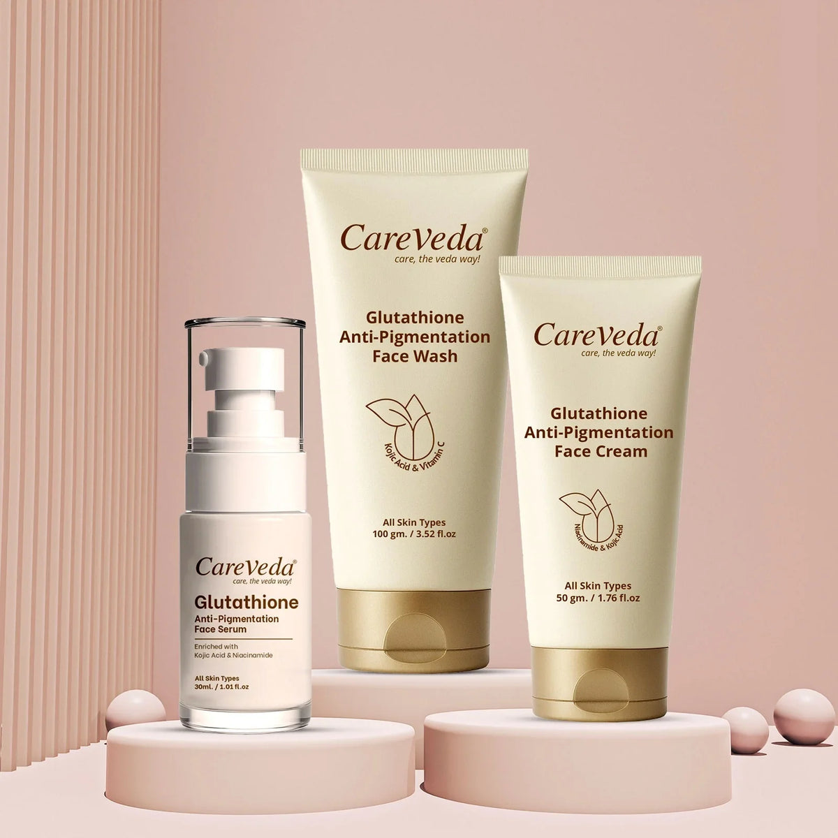 Image 2 of CareVeda Glutathione Skin Care Set of 3 | Face Cream & Face Wash, Face Serum for Bright, Even-Toned Skin | Anti-Pigmentation & Glow Boost | For Men & Women