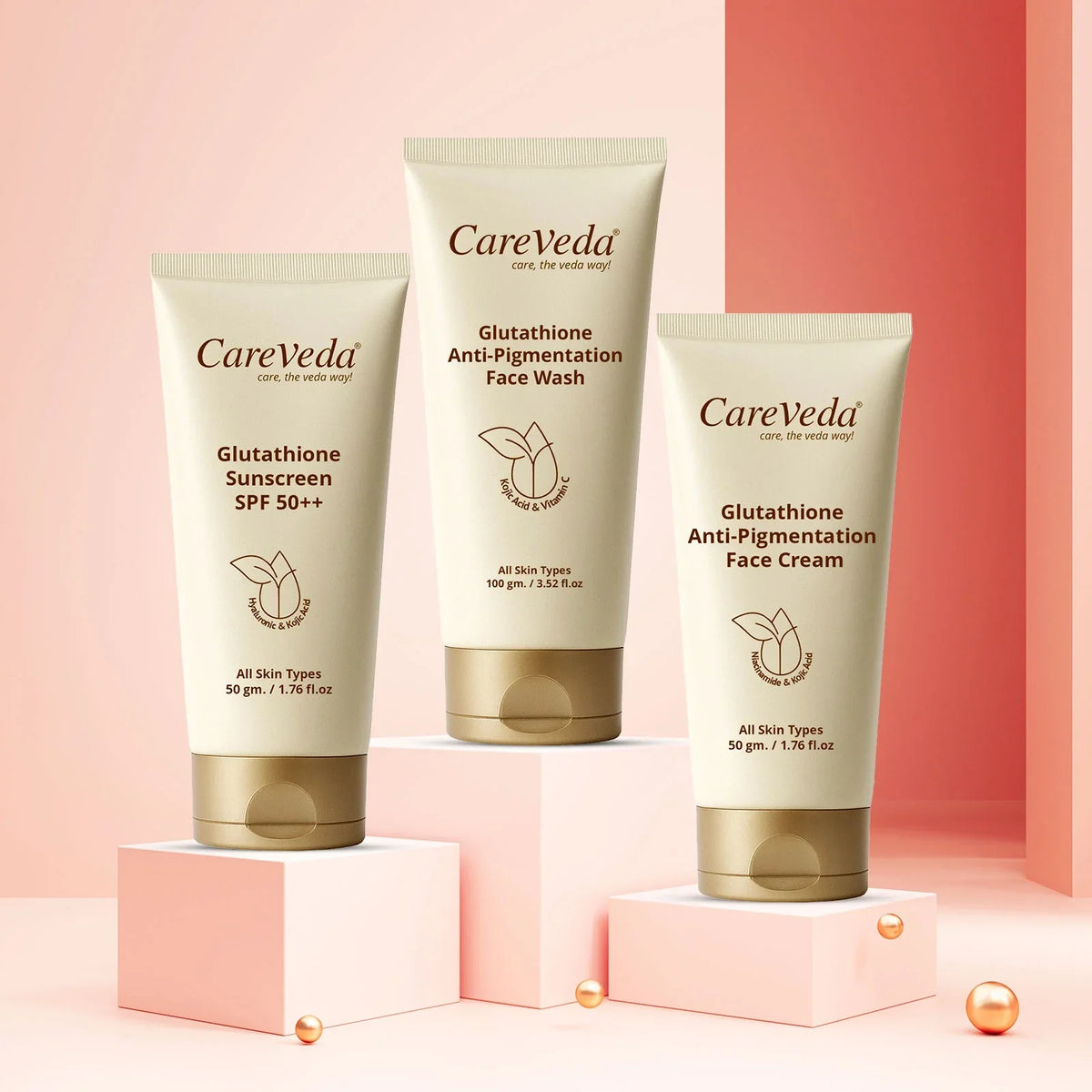 Image 2 of CareVeda Glutathione Skin Care Set of 3 | Face Cream & Face Wash, Sunscreen for Bright, Even-Toned Skin | Anti-Pigmentation & Glow Boost | For Men & Women