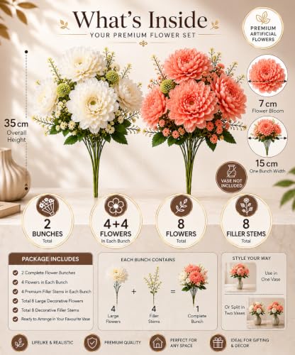 Image 2 of Divyakosh Artificial Flower Bunch Set of 2 (Vase Not Included) | White + Coral Peach| 8 Large Flowers, 8 Filler Stems | 35 cm Decorative Artificial Flowers for Home, Living Room & Table Decor