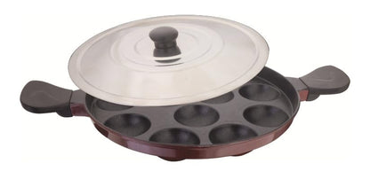 Image 2 of Red for the product SWIFT Non Stick 12 Cavity Aluminium Appam Patra Ponganal Guntapongadalu Paniyaram Litti Maker with Lid 23 cm Black