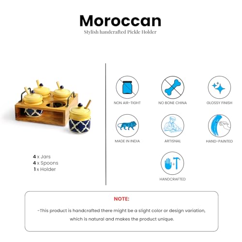 Image 7 of ExclusiveLane 'Moroccan' Ceramic Pickle Jars for Dining Table With Spoon & Wooden Holder (Set Of 4, Non-Airtight, 310 ml) | Pickle Jar With Spoon Achar Jar Set Achar Container Set for Dining Table|