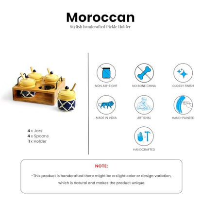 Image 7 of ExclusiveLane 'Moroccan' Ceramic Pickle Jars for Dining Table With Spoon & Wooden Holder (Set Of 4, Non-Airtight, 310 ml) | Pickle Jar With Spoon Achar Jar Set Achar Container Set for Dining Table|