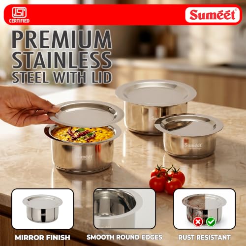 Image 3 of Sumeet ISI Certified Induction Bottom Small Container Set with Lid - 350ml, 550ml, 750ml