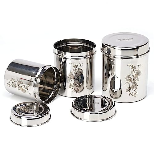 Image 1 of Default Title for the product Sumeet Designer Stainless Steel Vertical Canisters/Ubha Dabba/Storage Containers Set of 3Pc (400ml,500ml,750ml), Silver