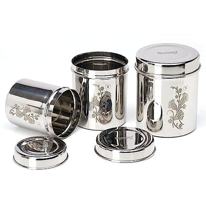 Image 1 of Default Title for the product Sumeet Designer Stainless Steel Vertical Canisters/Ubha Dabba/Storage Containers Set of 3Pc (400ml,500ml,750ml), Silver