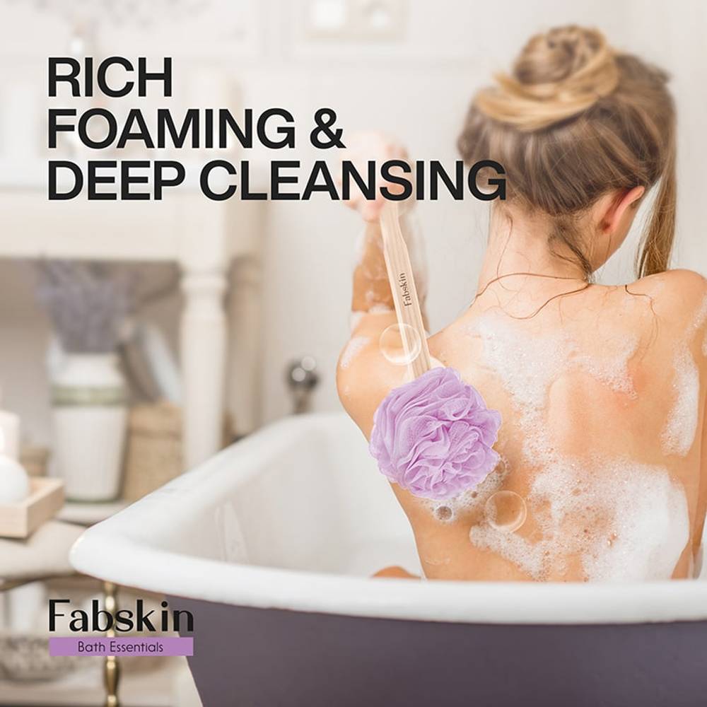Image 4 of Fabskin Loofah Duo Pack - Bath Brush With Wooden Handle & Round Loofah - For Men & Women-Purple