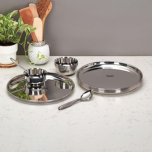 Image 5 of Sumeet Solid Stainless Steel Heavy Gauge Mirror Finish Dinner Set of 18 Pcs (6 Plate, 6 Bowl/Wati, 6 Spoon), Silver