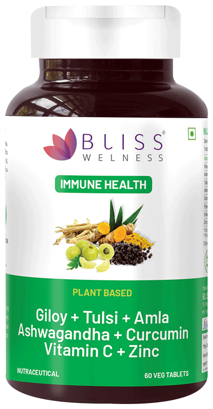Image 1 of 60 tabs for the product Bliss Welness Giloy + Tulsi + Amla + Ashwagandha + Curcumin Immunity Health Veg Tablet