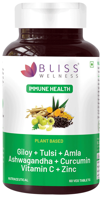Image 1 of 60 tabs for the product Bliss Welness Giloy + Tulsi + Amla + Ashwagandha + Curcumin Immunity Health Veg Tablet