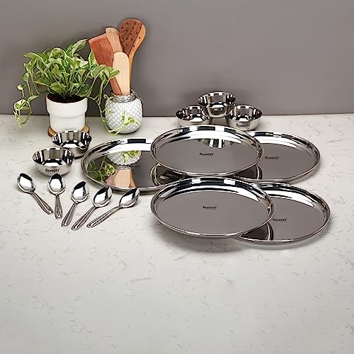 Image 1 of Default Title for the product Sumeet Stainless Steel Heavy Gauge Mirror Finish Dinner Solid Set of 15 Pcs (5 Plate, 5 Bowl/Wati, 5 Spoon), Silver