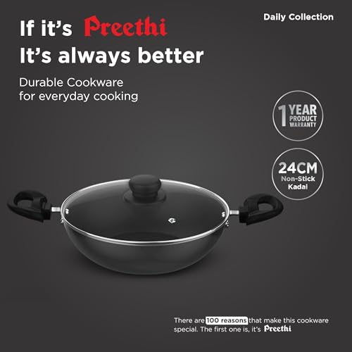 Image 3 of Preethi Daily Collection Non Stick Kadai 24 cm, with Glass Lid, 5 Star Non Stick Effect, Grey