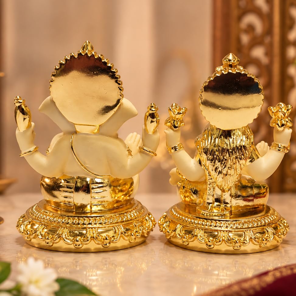 Image 5 of Gold Art India Laxmi Ganesh Gold Plated Off White Terracotta Idol for Home Decor 3.7" Inch