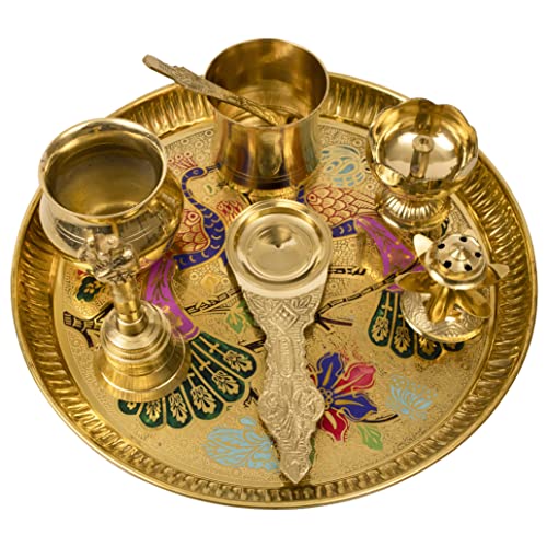 Image 1 of Default Title for the product Spillbox Traditional Handcrafted Brass Puja - Peacock Ppset