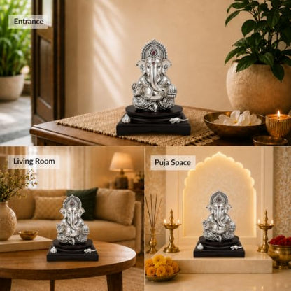 Image 7 of Dev Aastha Silver-Plated Lord Ganesha Idol with Modak & Mushak - Large