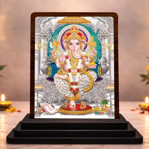 Image 1 of Default Title for the product 4x5 Inch Lord Ganesha Wooden Idol with HD Print | Vibrant Devotion Desk & Temple Decor