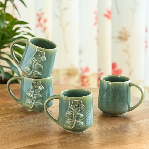 Image 1 of Default Title for the product ExclusiveLane Sage Serenity Hand-Embossed Ceramic Coffee Mug Set of 4 330 ML
