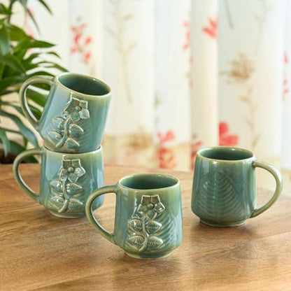 Image 1 of Default Title for the product ExclusiveLane Sage Serenity Hand-Embossed Ceramic Coffee Mug Set of 4 330 ML