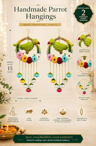 Image 3 of Divyakosh Handmade Parrot Hanging for Home Decor Set of 2 | Indian Festive Door Wall Hanging with Pearl Tassels & Floral Design| Latkan for Diwali, Wedding, Housewarming, Living Room & Balcony