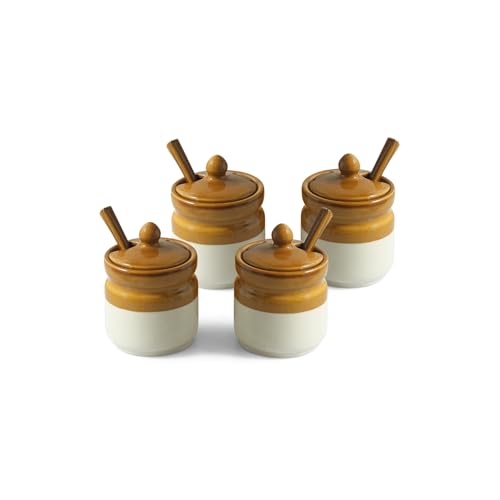 Image 4 of ExclusiveLane 'Barni Tales' Ceramic Pickle Jars for Dining Table With Spoon & Wooden Holder (Set Of 4, Non-Airtight, 270 ml) |Pickle Jar With Spoon Achar Jar Set Achar Container Set for Dining Table