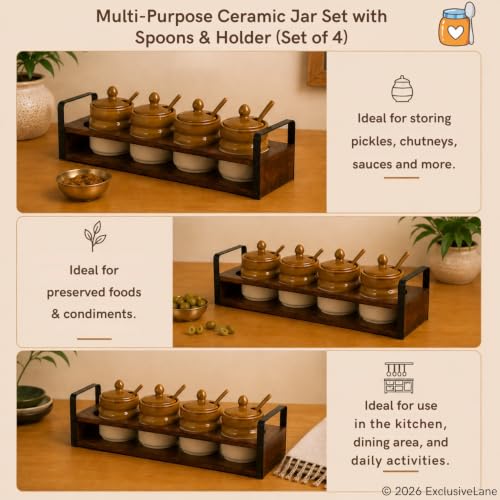 Image 4 of ExclusiveLane Barni Tales Ceramic Pickle Jars with Spoon & Wooden Holder Set of 4 270 ml