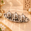 Image 1 of Default Title for the product Spillbox Traditional Handcrafted Stainless Steel Thali Kumkum Holder Stand Plate Oval 3 Bowl-Small Leaf- Silver