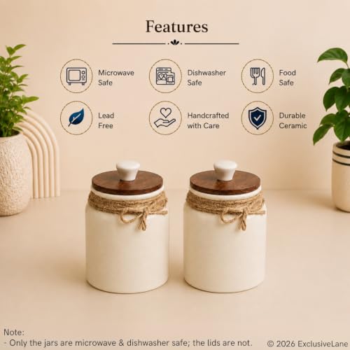 Image 6 of ExclusiveLane Vintage Ivory Multi Utility Storage Ceramic Jars with Wooden Lid Set of 2 410 ml