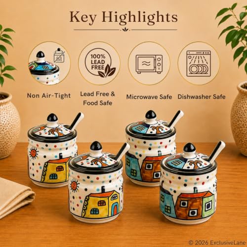 Image 4 of ExclusiveLane The Hut Ceramic Pickle Jars with Spoon Set of 4 280 ml Multicolor