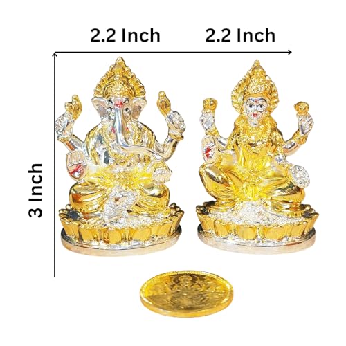 Image 4 of Gold Art India Kamal Laxmi Ganesh Gold Silver Plated Two Tone Idol for Home Decor with Gold Plated Coin Laxmi Ganesh Idol for Diwali Pooja Laxmi Ganesh Murti for Gift, Laxmi Ganesh Idol Set, (3" Inch)