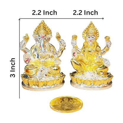 Image 4 of Gold Art India Kamal Laxmi Ganesh Gold Silver Plated Two Tone Idol for Home Decor with Gold Plated Coin Laxmi Ganesh Idol for Diwali Pooja Laxmi Ganesh Murti for Gift, Laxmi Ganesh Idol Set, (3" Inch)