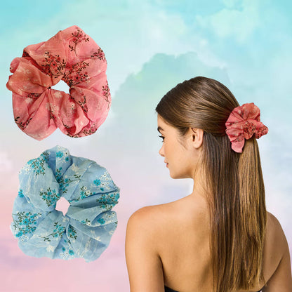 Image 1 of 2 pcs for the product Majestique Georgette Fabric Hair Ties Scrunchies Elastics Leaf Flower Print Rubber Bands - 2 Pcs