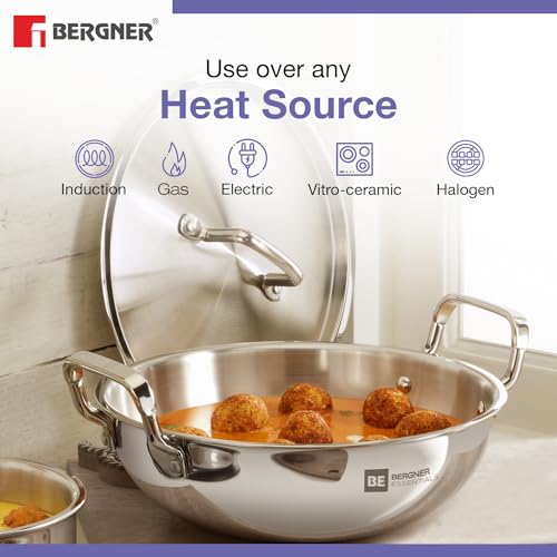Image 6 of BERGNER TriPro Tri-Ply Stainless Steel 4 Pcs Cookware Set - 22cm Indian Wok/Kadai with Lid, 22cm Frypan, 10cm Tadka Pan