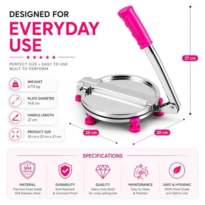 Image 5 of Heavy Duty Stainless Steel Roti Press & Puri Maker 8 Inch | Manual Chapati Press with Smooth Pressing Plate | Dough Press Machine for Roti, Puri, Papad, Tortilla, Khakhra & Flatbread | Kitchen Tool