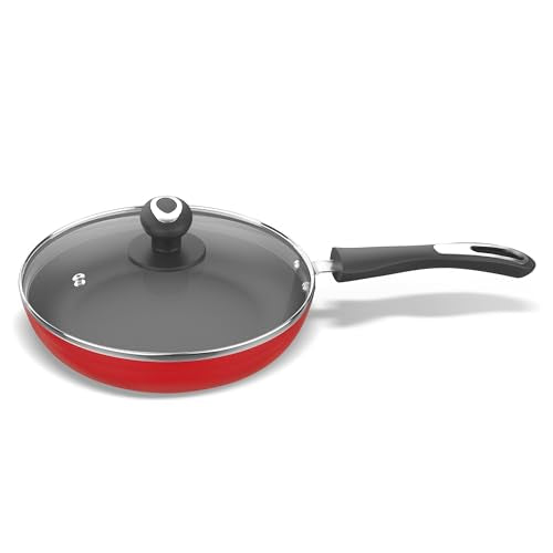 Image 1 of Default Title for the product Preethi Dura Collection Non Stick Fry Pan, 24 cm, with Glass Lid, Gas & Induction Compatible, 5 Star Non Stick Effect, Chilly Red