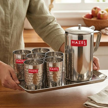 Image 7 of HAZEL Steel Jug with Hammered Glasses and Tray Combo of 8