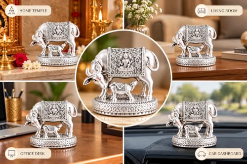 Image 6 of Gold Art India Ganesha Idol for Car Dashboard & Kamdhenu Idol for Vastu Decor (Silver-Matte, Oval)