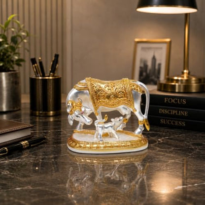 Image 4 of Gold Art India Ganesha Idol for Car Dashboard & Kamdhenu Idol for Vastu Decor (TWOTONEMATTE, Oval)