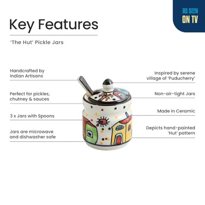 Image 5 of ExclusiveLane 'The Hut' Ceramic Pickle Jars for Dining Table With Spoon (Set Of 3, Non-Airtight, 280 ml, Multi-Purpose)|Pickle Jar With Spoon Achar Jar Set Achar Container Set for Dining Table|