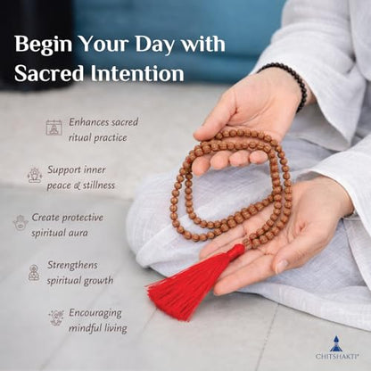 Image 5 of Chitshakti Rudraksha mala 108 +1 Beads Original | Sacred 108 + 1 Rudraksha Meditation Mala | Natural 9 mm Beads with 9 mm Guru Bead | Traditional Hand-Knotted Japa Mala with Red Tassel | Red