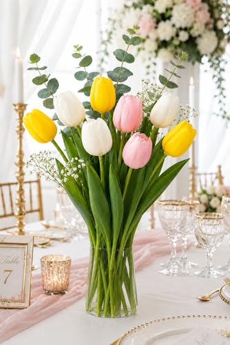 Image 4 of Divyakosh Artificial Flowers for Vase (Vase Not Included)- Luxury Tulip Flower Bouquet with Eucalyptus & Baby's Breath, Faux Floral Arrangement for Home Decor, Living Room, Wedding Decoration, Office
