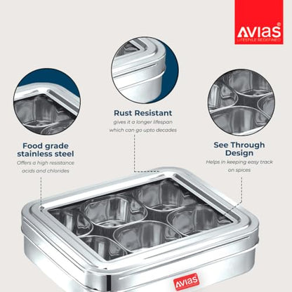 Image 3 of AVIAS 6-in-1 Stainless Steel Masala/Spice Box, See-Through Lid, Plain