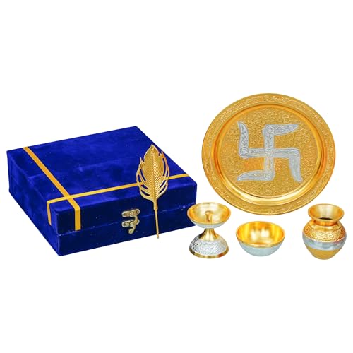 Image 6 of Webelkart Silver Plated Swastik Pooja Thali Set (Gold)