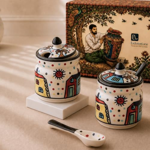 Image 1 of Default Title for the product ExclusiveLane Hut Handpainted Ceramic Pickle Jars with Spoon & Lid Set