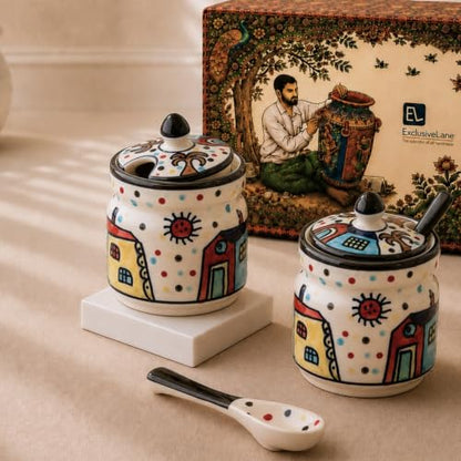 Image 1 of Default Title for the product ExclusiveLane Hut Handpainted Ceramic Pickle Jars with Spoon & Lid Set