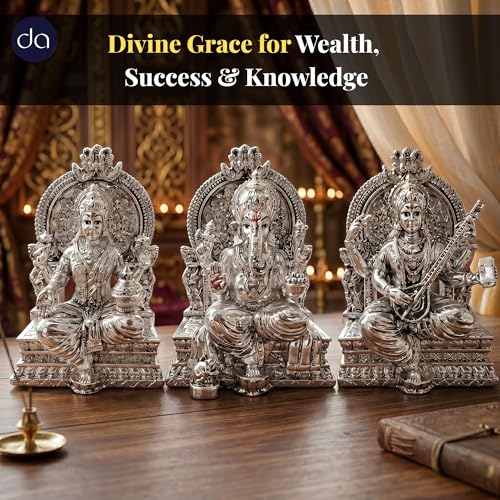 Image 3 of Dev Aastha 999 Silver Plated Lakshmi Ganesh Saraswati Idol for Diwali Decor 3.7 Inch
