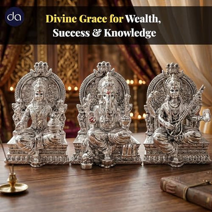 Image 3 of Dev Aastha 999 Silver Plated Lakshmi Ganesh Saraswati Idol for Diwali Decor 3.7 Inch