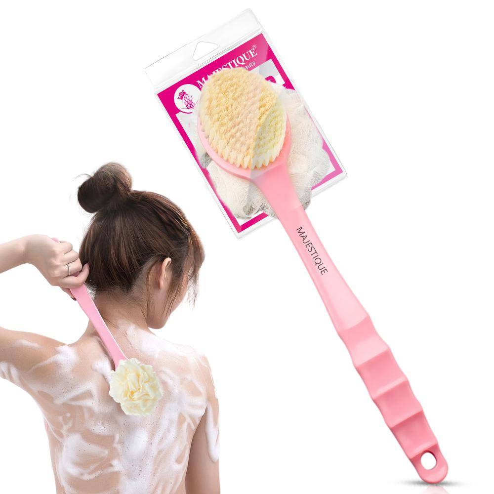 Image 2 of Majestique Bath Body Brush & Loofah, Dual-Sided Back Scrubber, Long Handle - 1Pc/Multicolour