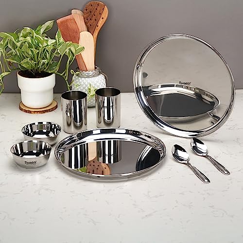 Image 7 of Sumeet Stainless Steel Heavy Gauge Mirror Finish Solid Dinner Set Of 8 Pcs (2 Plate, 2 Bowl/Wati, 2 Glass, 2 Spoon), Silver
