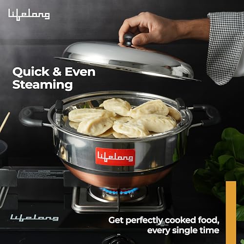 Image 4 of Lifelong Multi Kadai Steamer Set | 29cm, 2.5kg | Momo Maker 4.2Ltr | 5 Large Plates for Idli, Dhokla & Steamer | Induction-Friendly 3-Layer Thick Bottom (LLSSMK05, Stainless Steel)