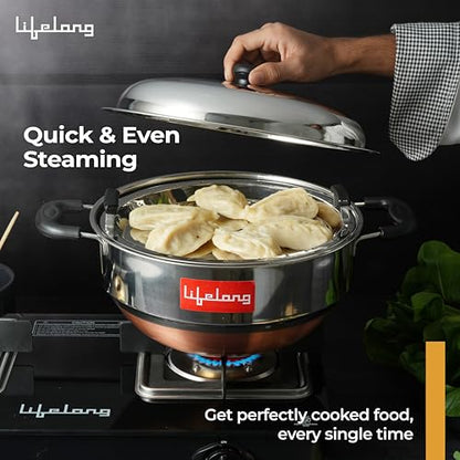 Image 4 of Lifelong Multi Kadai Steamer Set | 29cm, 2.5kg | Momo Maker 4.2Ltr | 5 Large Plates for Idli, Dhokla & Steamer | Induction-Friendly 3-Layer Thick Bottom (LLSSMK05, Stainless Steel)