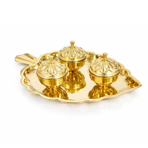 Image 1 of Default Title for the product Spillbox Brass Leaf-Shape Puja Thali With 3 Attached Bowls - 3 Leaf Bowl - Small